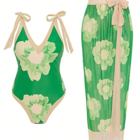 . Other - Green Beach Womens Floral Print Tie Shoulder One Piece Swimsuit With Beach Skirt